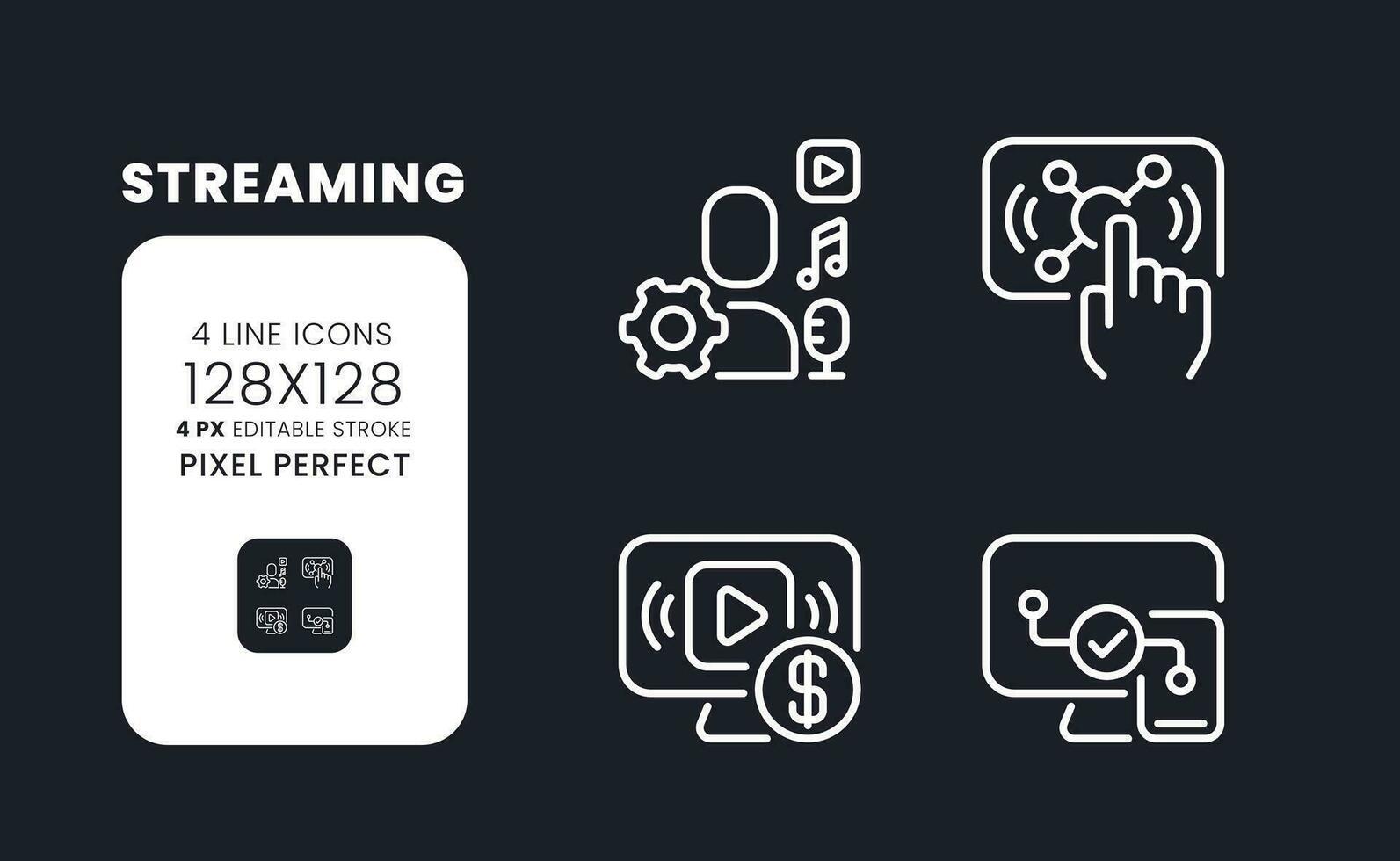 strömning vit linjär skrivbordet ikoner på svart. leva interaktiv innehåll. digital marknadsföring. smart tv. pixel perfekt 128x128, översikt 4px. isolerat gränssnitt symboler packa för mörk läge. redigerbar stroke vektor