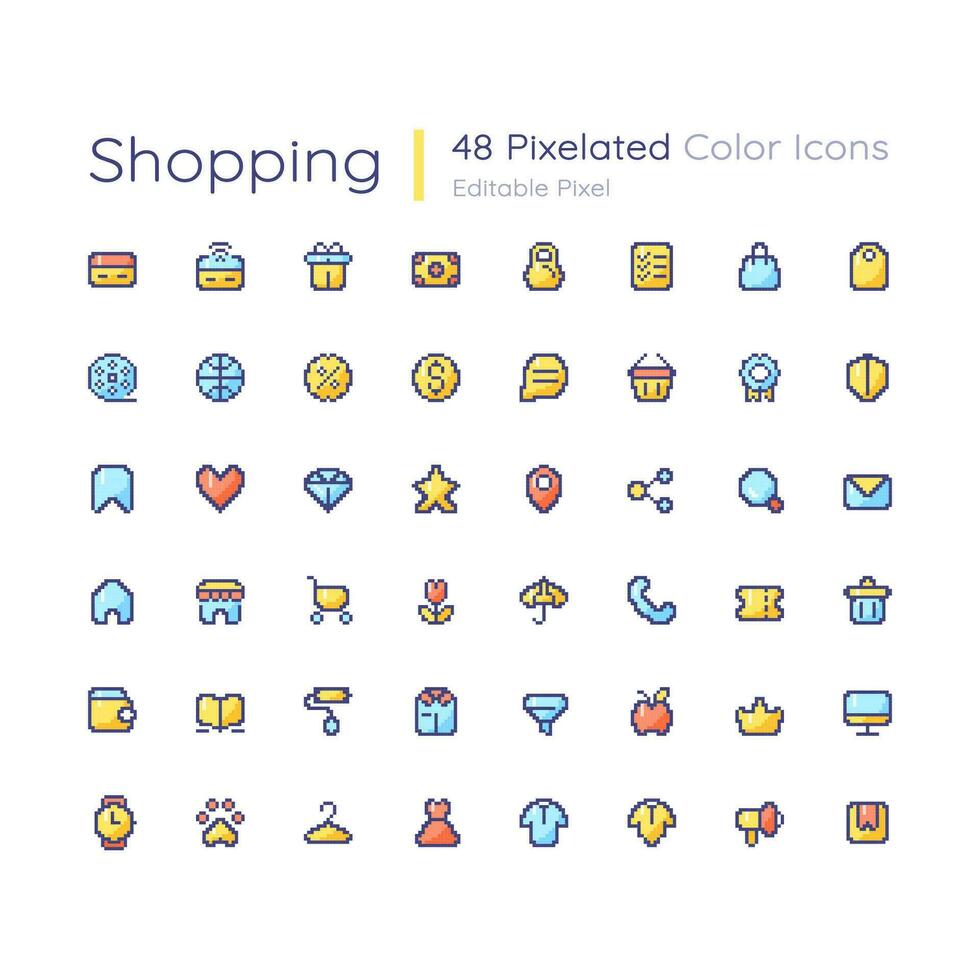 handla redigerbar pixel Färg ui ikoner uppsättning. digital handel. uppkopplad Lagra. retro stil design för arkad, video spel konst. vektor isolerat 8bit grafisk element samling
