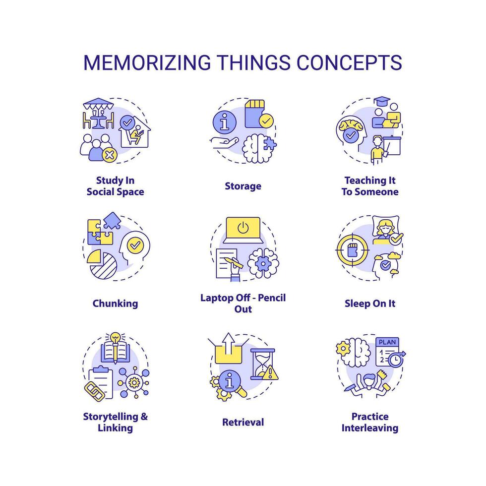 memorerande saker tekniker begrepp ikoner uppsättning. förbättra minne Kompetens. hjärna Träning aning tunn linje Färg illustrationer. isolerat symboler. redigerbar stroke vektor