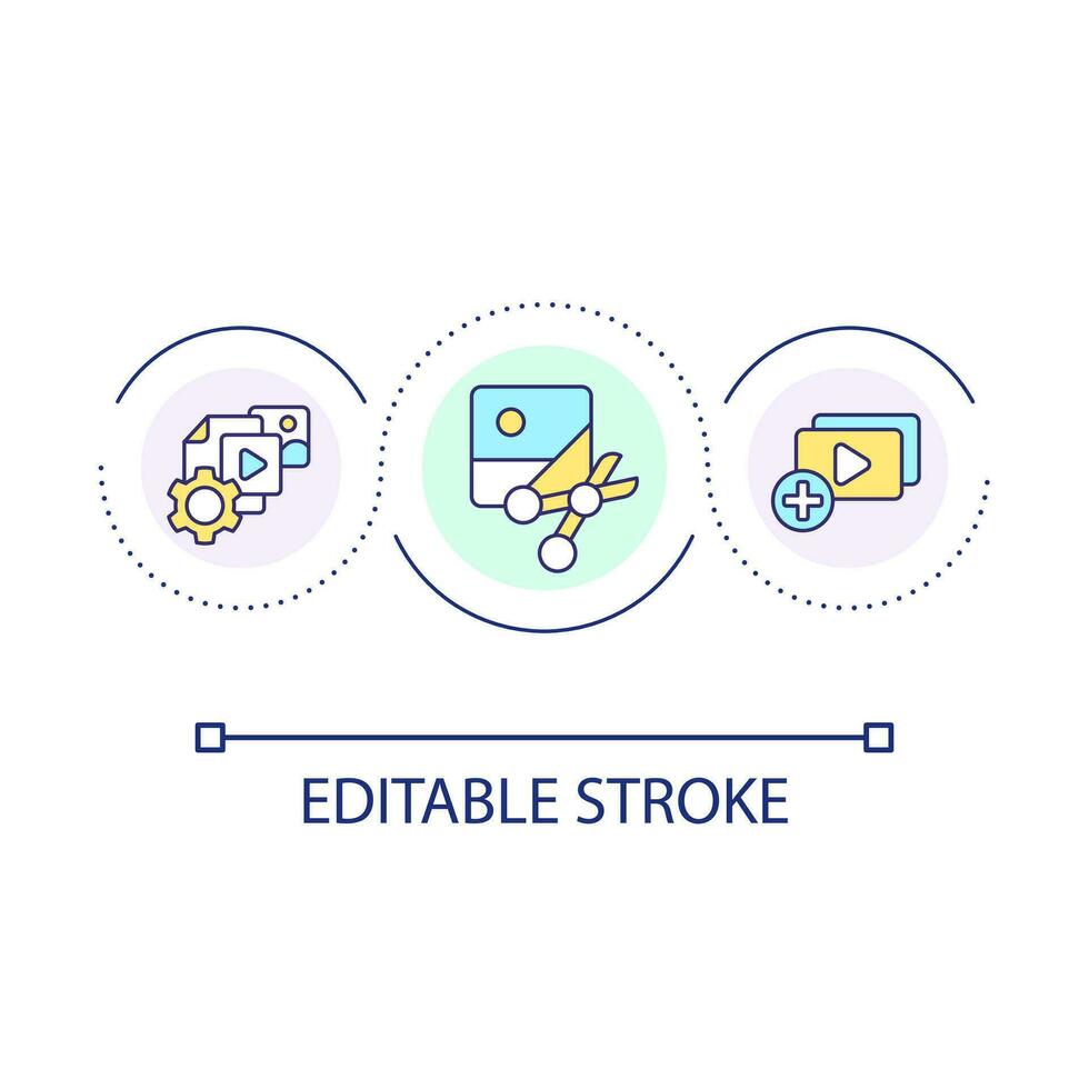 multimedia redigering verktyg slinga begrepp ikon. programvara till skapa digital innehåll. social media abstrakt aning tunn linje illustration. isolerat översikt teckning. redigerbar stroke vektor