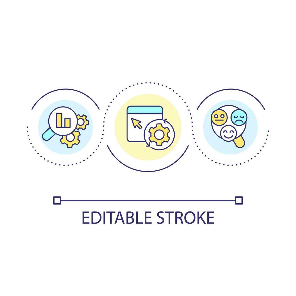 statistisk forskning slinga begrepp ikon. bedöma användare erfarenhet. kolla upp användbarhet. förbättra service abstrakt aning tunn linje illustration. isolerat översikt teckning. redigerbar stroke vektor