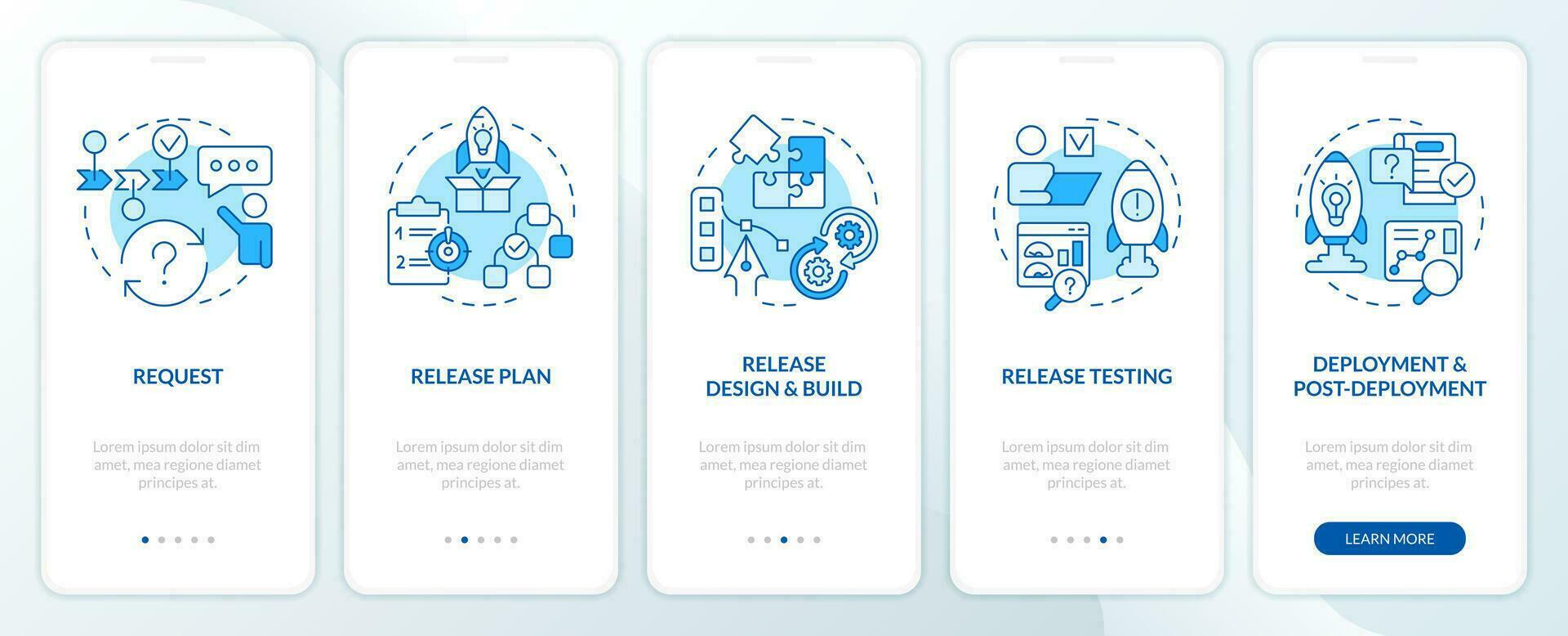 Freisetzung Verwaltung Strategie Blau Onboarding Handy, Mobiltelefon App Bildschirm. Komplettlösung 5 Schritte editierbar Grafik Anleitung mit linear Konzepte. ui, ux, gui Vorlage vektor