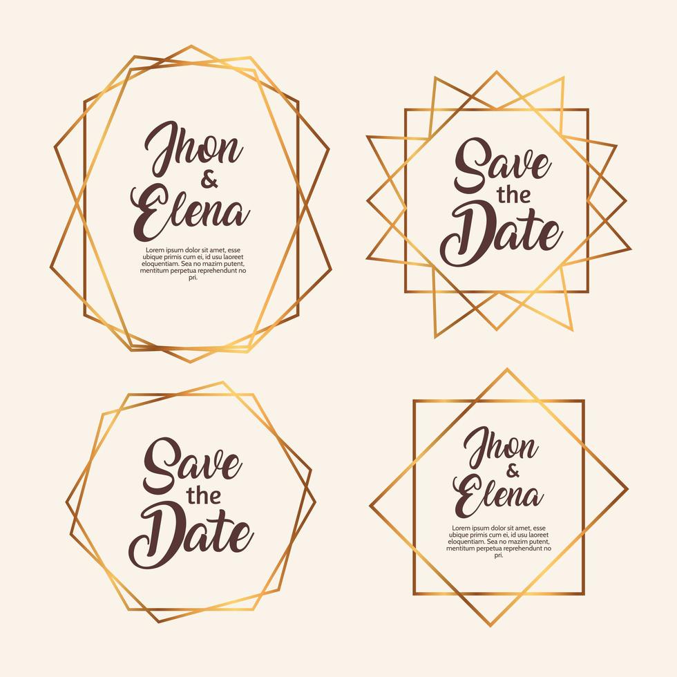 Bündel von vier goldenen Rahmen für Hochzeitseinladungen vektor