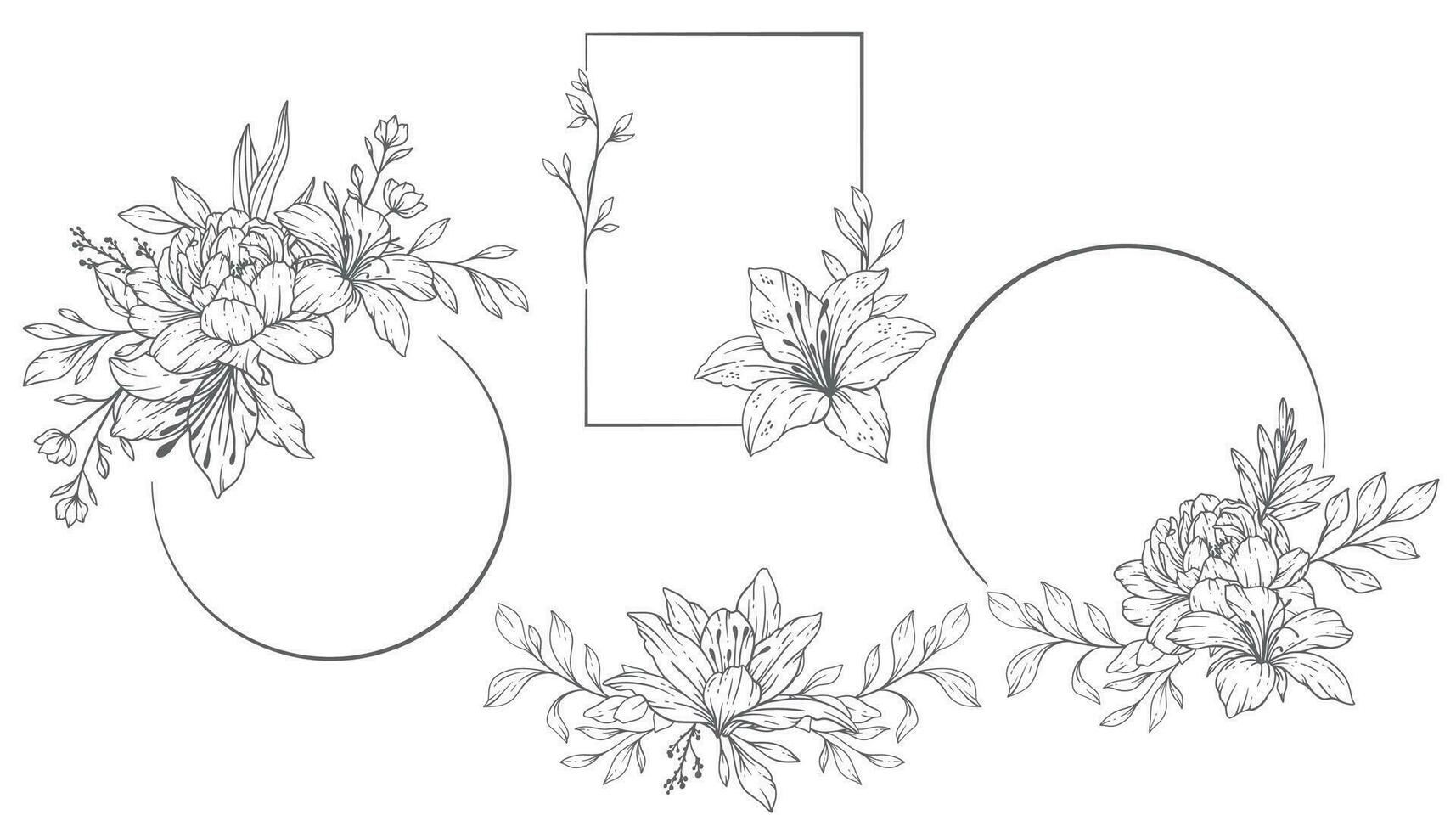 Blumen- Frames Linie Kunst, fein Linie Wildblume Frames Hand gezeichnet Illustration. Gliederung Blätter und Blumen. vektor