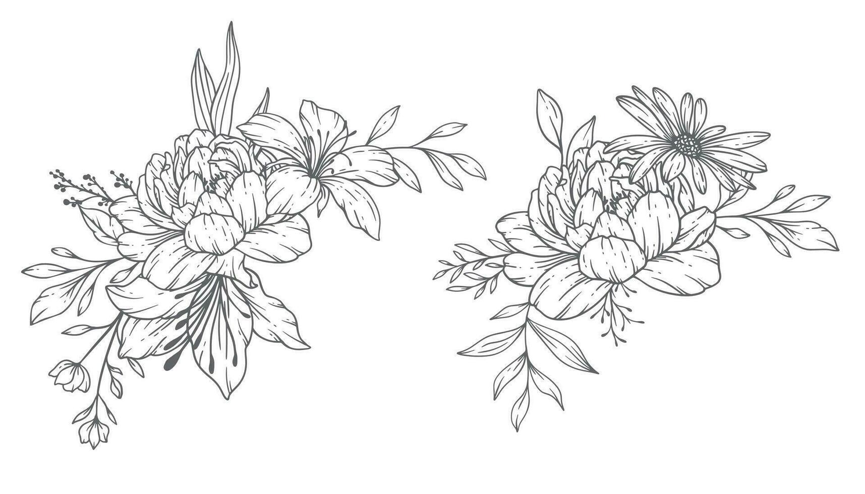 Wildblumen Linie Kunst, fein Linie Wildblume Blumensträuße Hand gezeichnet Illustration. Färbung Seite mit Blumen. vektor