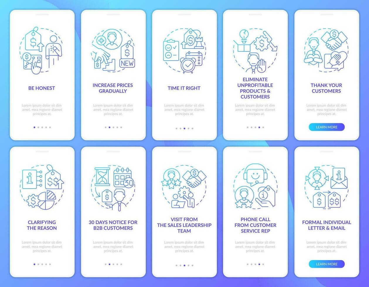 zunehmend Preise Blau Gradient Onboarding Handy, Mobiltelefon App Bildschirm Satz. behalten Klient Komplettlösung 5 Schritte Grafik Anleitung mit linear Konzepte. ui, ux, gui Vorlage vektor