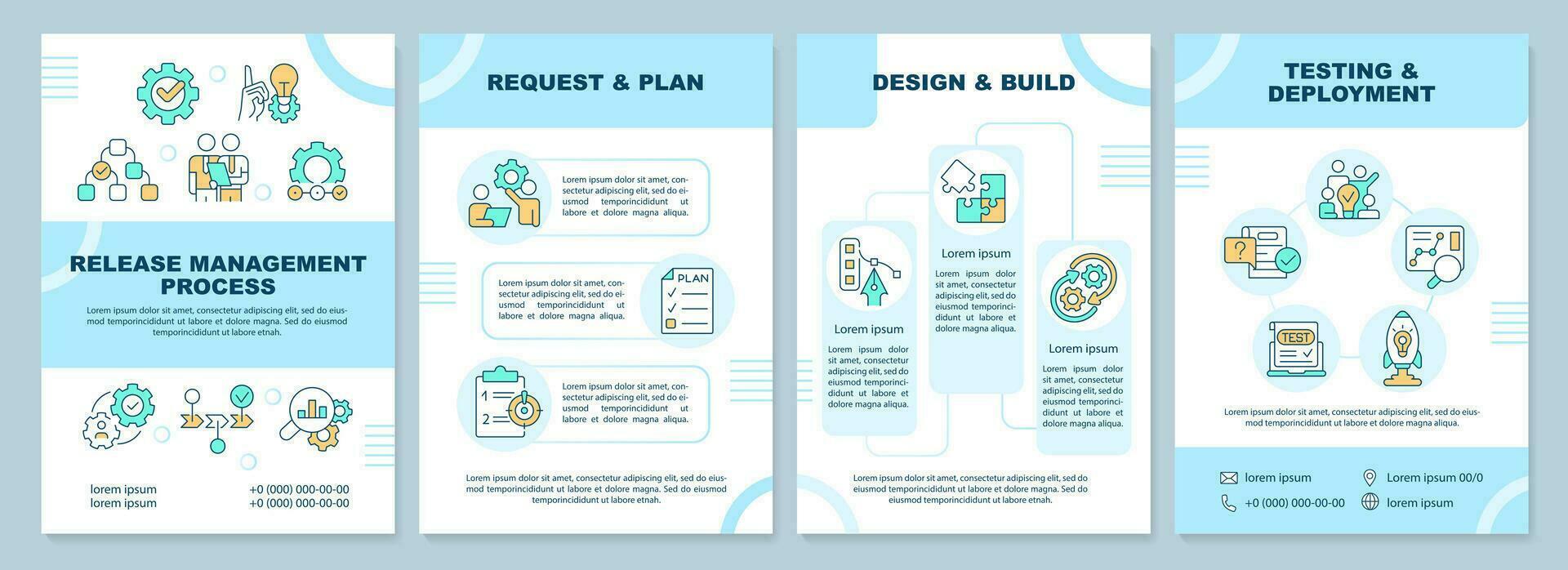 Freisetzung Verwaltung Prozess Blau Broschüre Vorlage. Flugblatt Design mit linear Symbole. editierbar 4 Vektor Layouts zum Präsentation, jährlich Berichte