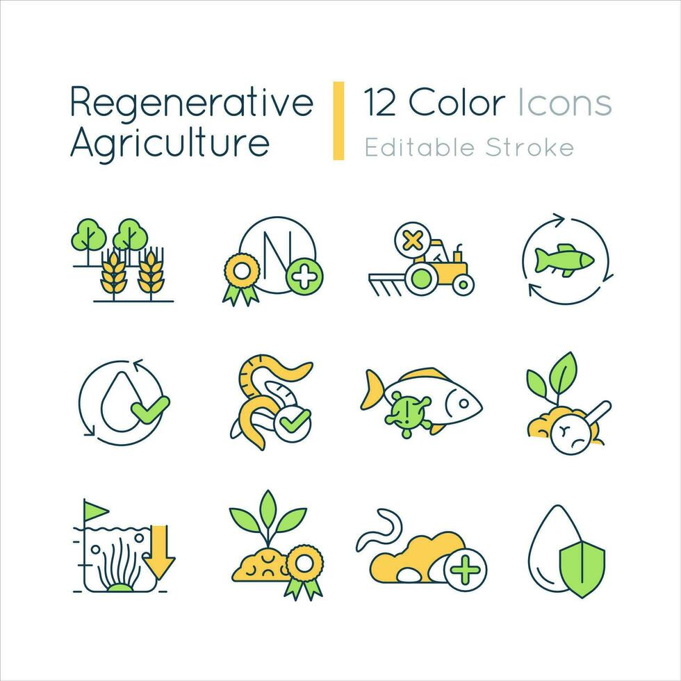 regenerativ Landwirtschaft rgb Farbe Symbole Satz. Ökosystem Erhaltung. Ökologie. Landwirtschaft und Gartenarbeit. isoliert Vektor Illustrationen. einfach gefüllt Linie Zeichnungen Sammlung. editierbar Schlaganfall