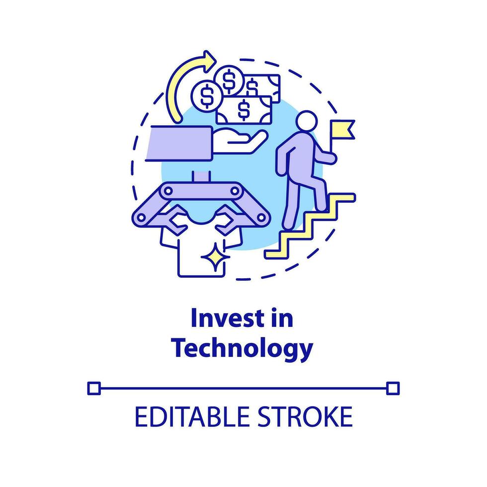 investera i teknologi begrepp ikon. detaljhandeln industri. automatiserad bearbeta. kontaktlös betalning. företag innovation abstrakt aning tunn linje illustration. isolerat översikt teckning. redigerbar stroke vektor