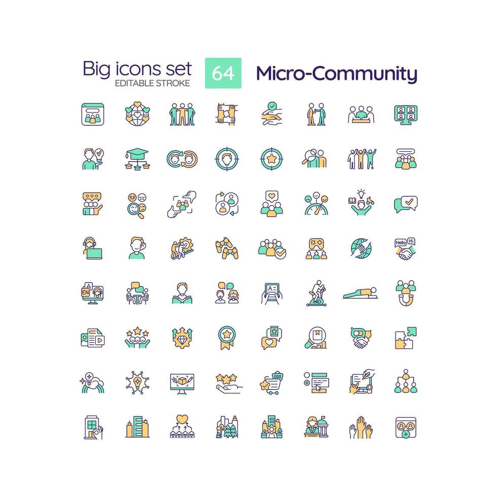mikro gemenskap rgb Färg ikoner uppsättning. social förbindelse. Stöd nätverk. bygga gemenskap. social cirkel. isolerat vektor illustrationer. enkel fylld linje ritningar samling. redigerbar stroke