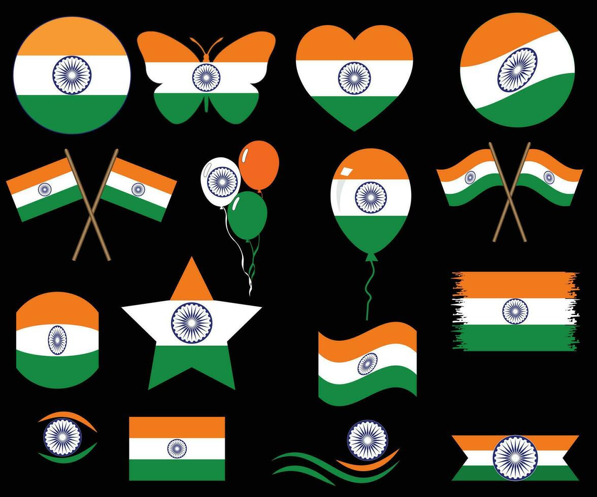 kreativ indisch National Flagge Design, 15 .. August, glücklich Indien Unabhängigkeit Tag Feier, Farbe, Logo Design Satz, Etikette Sammlung, Indien Flagge einstellen Sammlung, Taste gerundet, eben gerundet. vektor