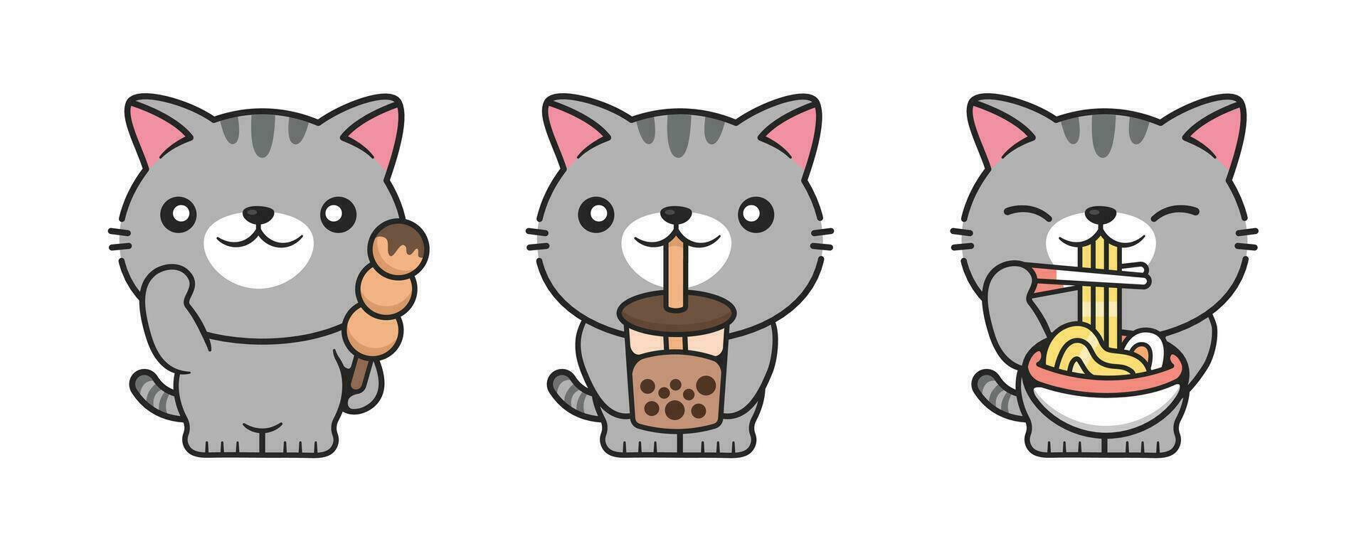 söt katt med snabb mat, bubbla boba, Ramen och choklad vektor
