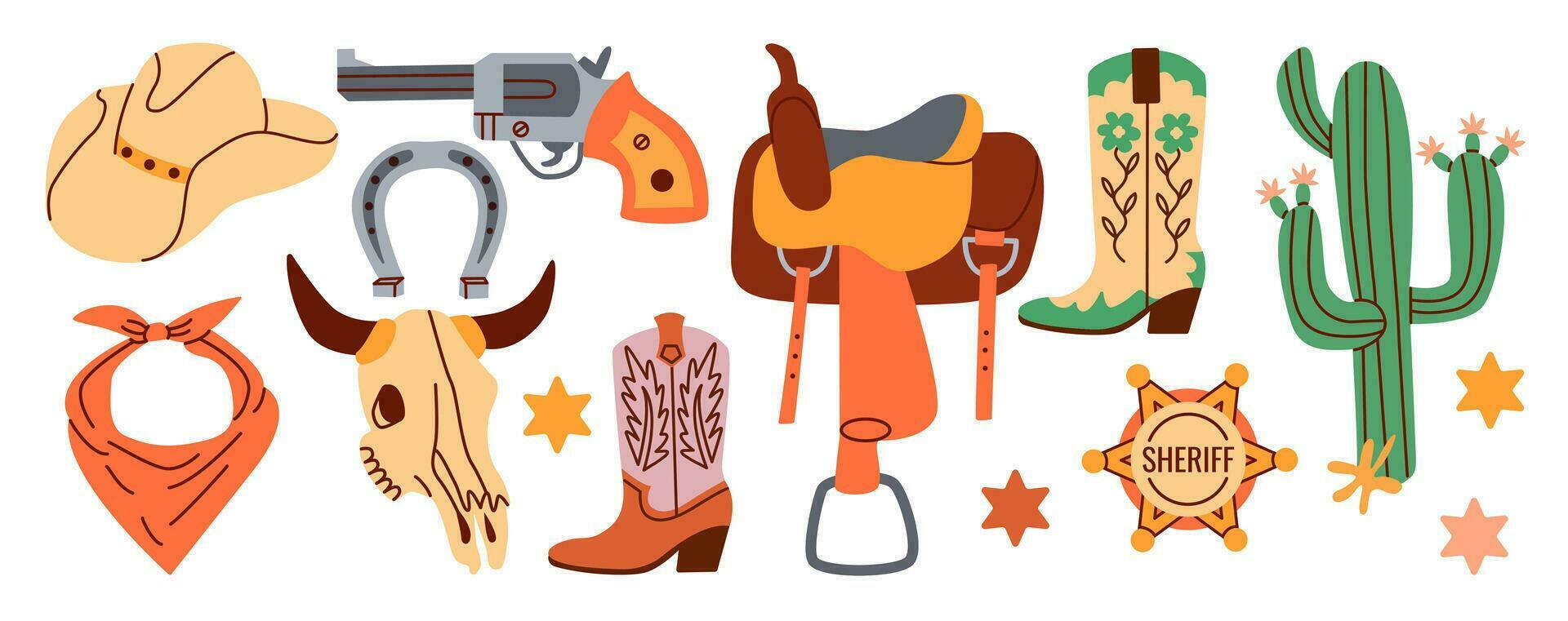 Cowboy Symbole. Western Thema wild Westen Konzept..Hand gezeichnet farbig Vektor Satz. Clip Art Symbole. eben Vektor Illustration.