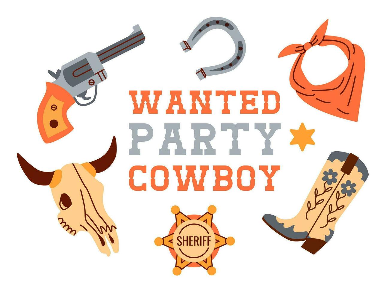 horizontal Banner Vorlage zum Cowboy Party Einladung dekoriert durch Stiefel, Hufeisen, Pistole, Hut. eben Vektor Illustration.