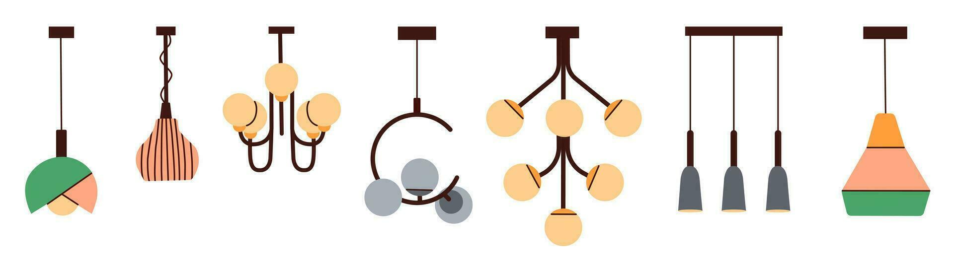 en uppsättning av belysning fixturer för Hem dekor. dekorativ ljuskronor. olika belysning för interiör design. platt vektor illustration.