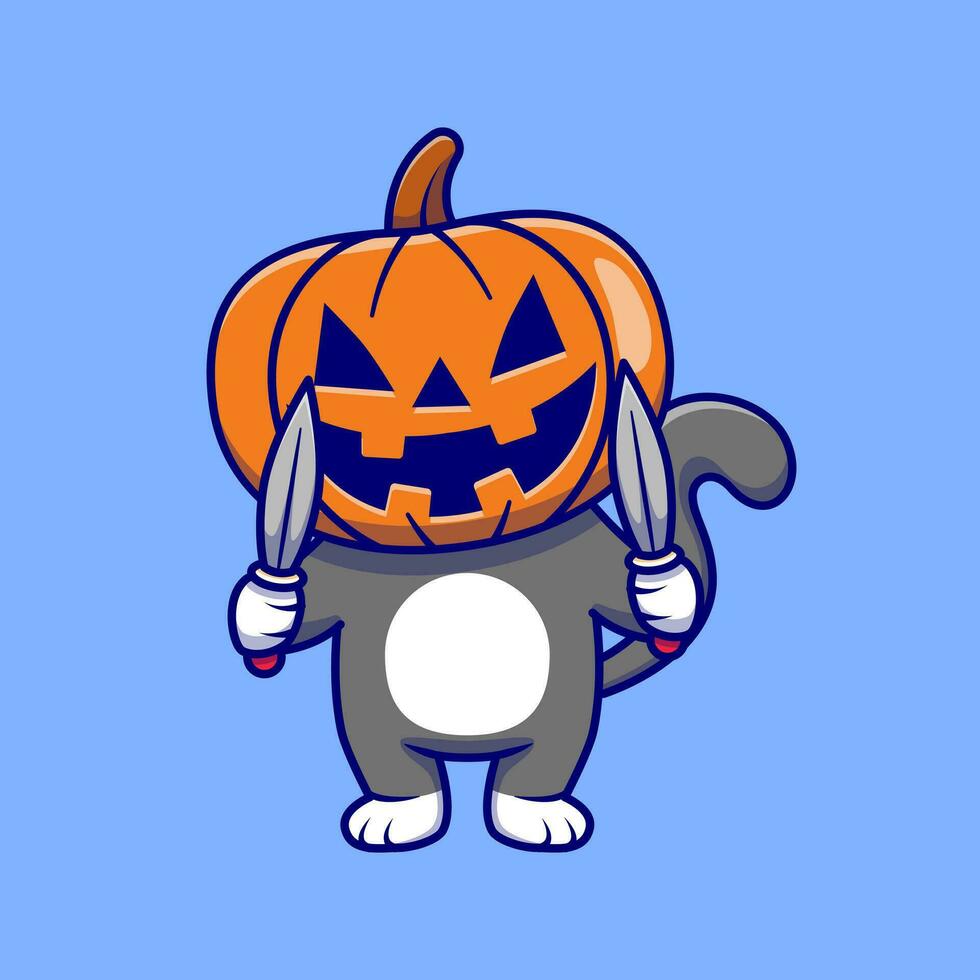 söt katt bär pumpa halloween med kniv tecknad serie vektor ikon illustration. djur- halloween ikon begrepp isolerat premie vektor. platt tecknad serie stil