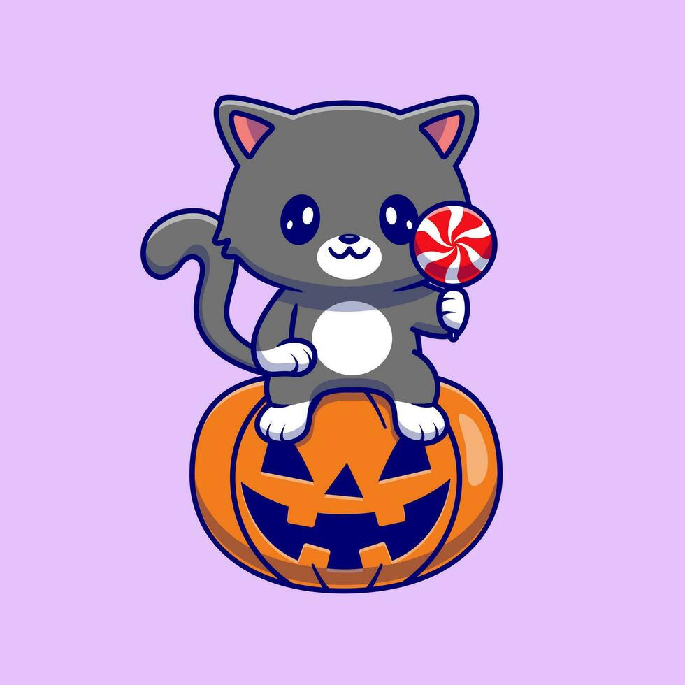 süß Katze Sitzung auf Kürbis Halloween halten Süßigkeiten Karikatur Vektor Symbol Illustration. Tier Halloween Symbol Konzept isoliert Prämie Vektor. eben Karikatur Stil