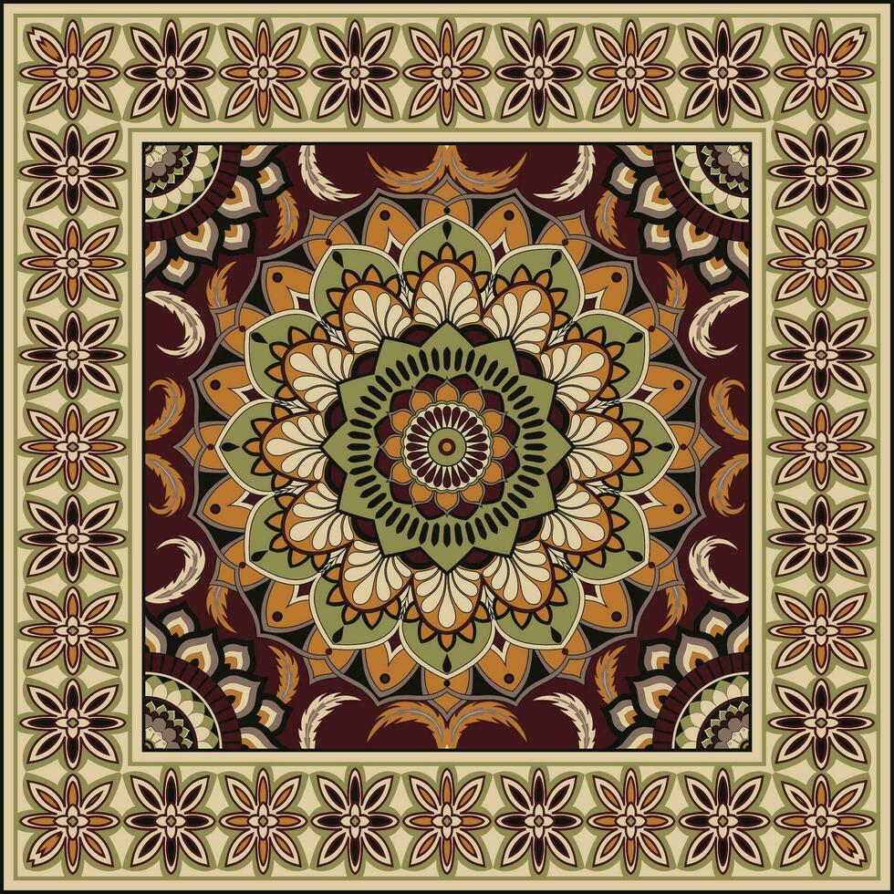 ethnisch Platz Teppich mit Blume Mandala im warm Töne. indisch, aztekisch, Mexikaner Motive.Bandana drucken. vektor