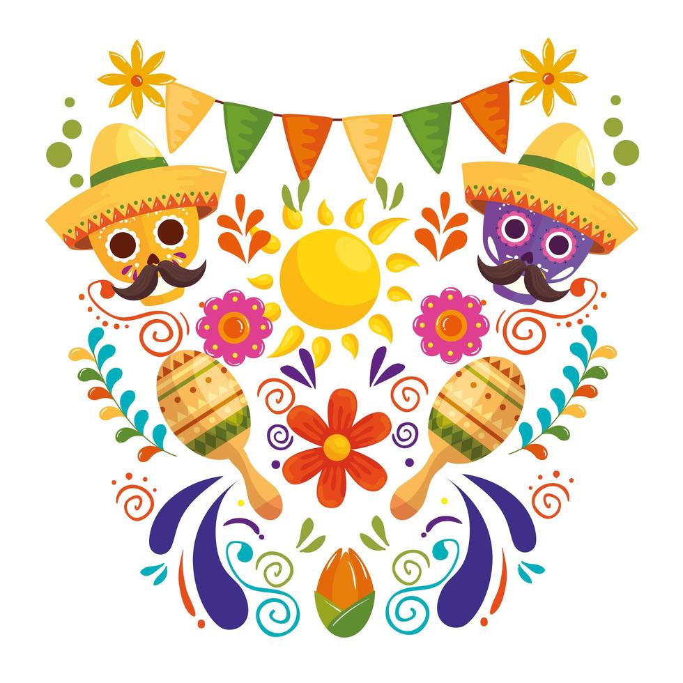 Schädel und traditionelle Symbole des Cinco de Mayo may vektor