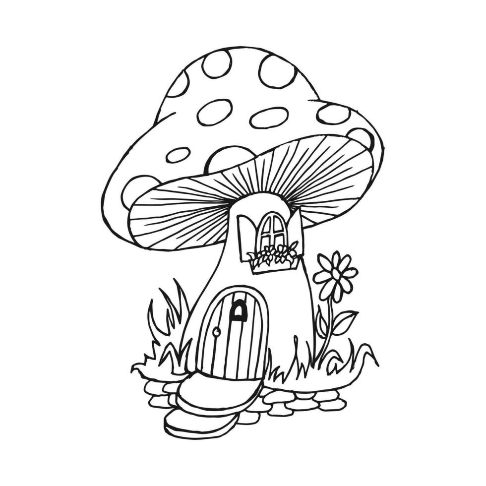 Pilz Haus, magisch Charakter. Gliederung Zeichnung, skizzieren zum Färbung. Vektor