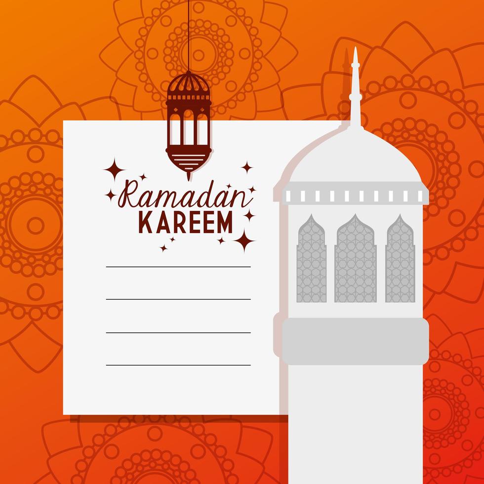 ramadan kareem-kort med moskéfasad och lykta hängande vektor