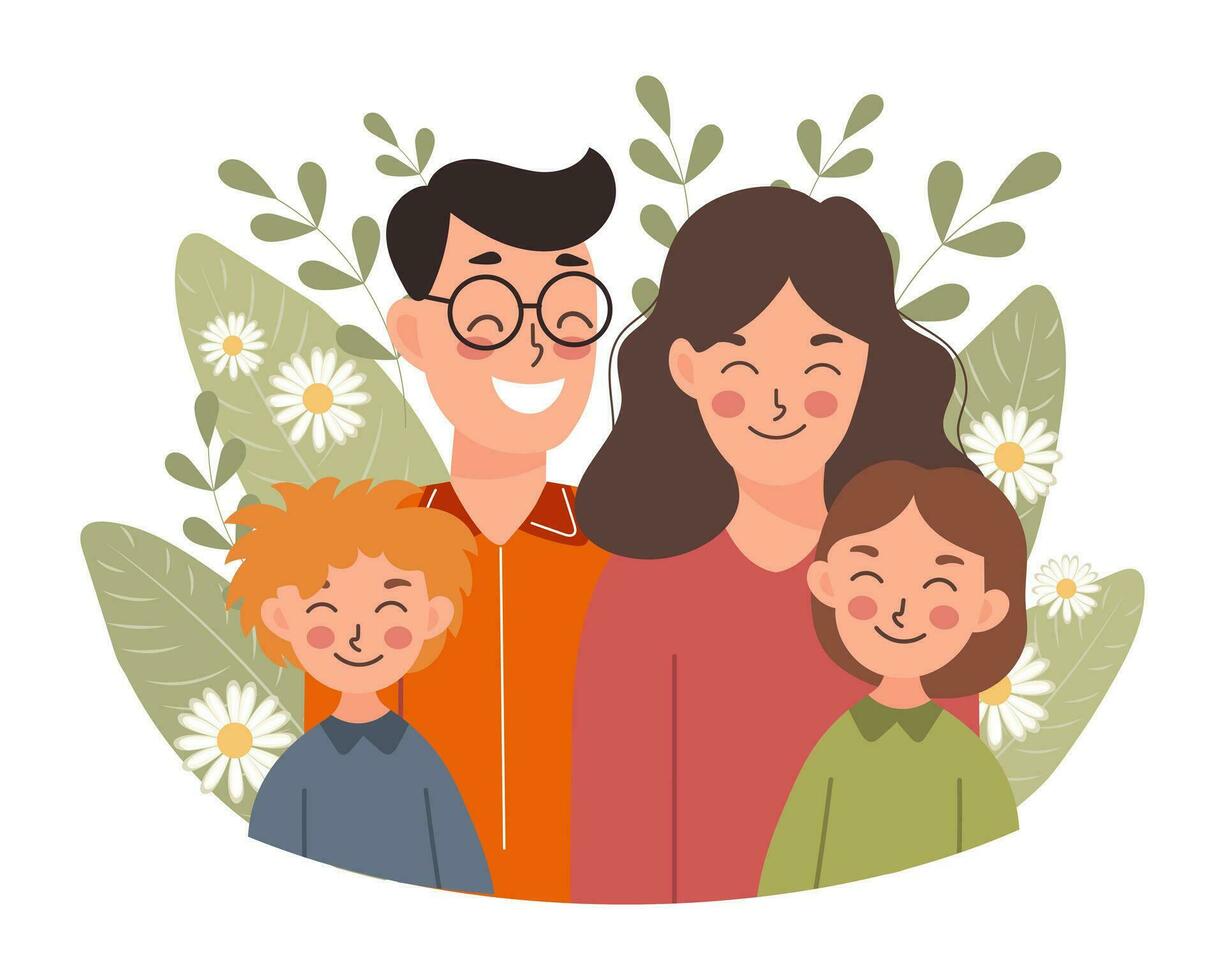 Lycklig familj, mor och far med barn, son och dotter. familj dag, mors dag. illustration, vektor