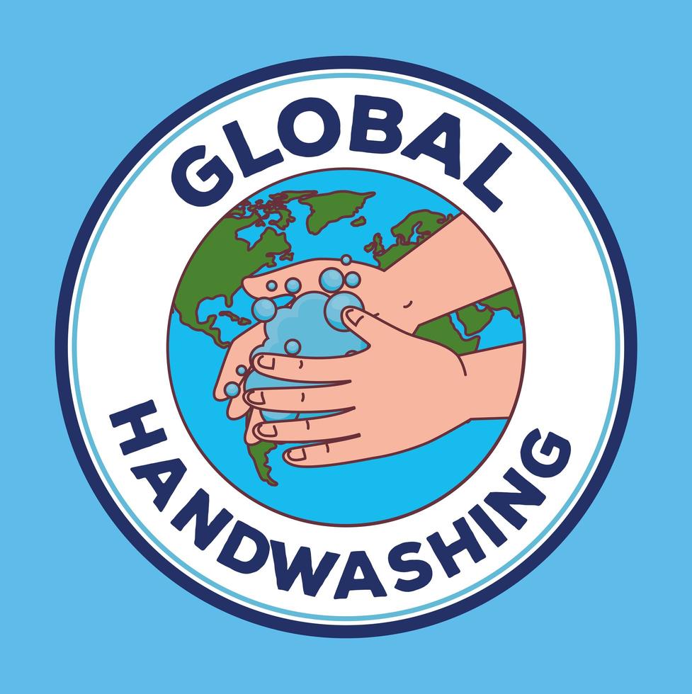 global handtvättdag och händer som tvättar med världen i tätningsstämpelvektordesign vektor