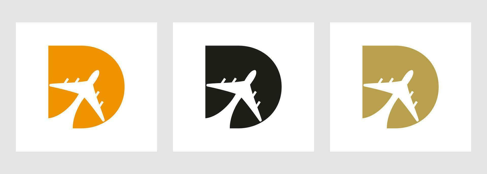 tropisk resa logotyp på brev d begrepp. flygplan flyg symbol mall vektor