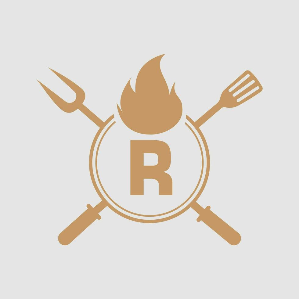 brev r restaurang logotyp med grill gaffel och spatel ikon. varm grill symbol vektor