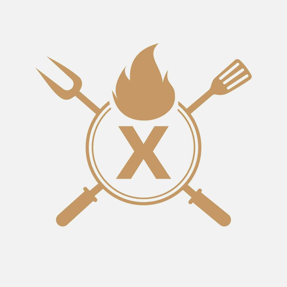 brev x restaurang logotyp med grill gaffel och spatel ikon. varm grill symbol vektor