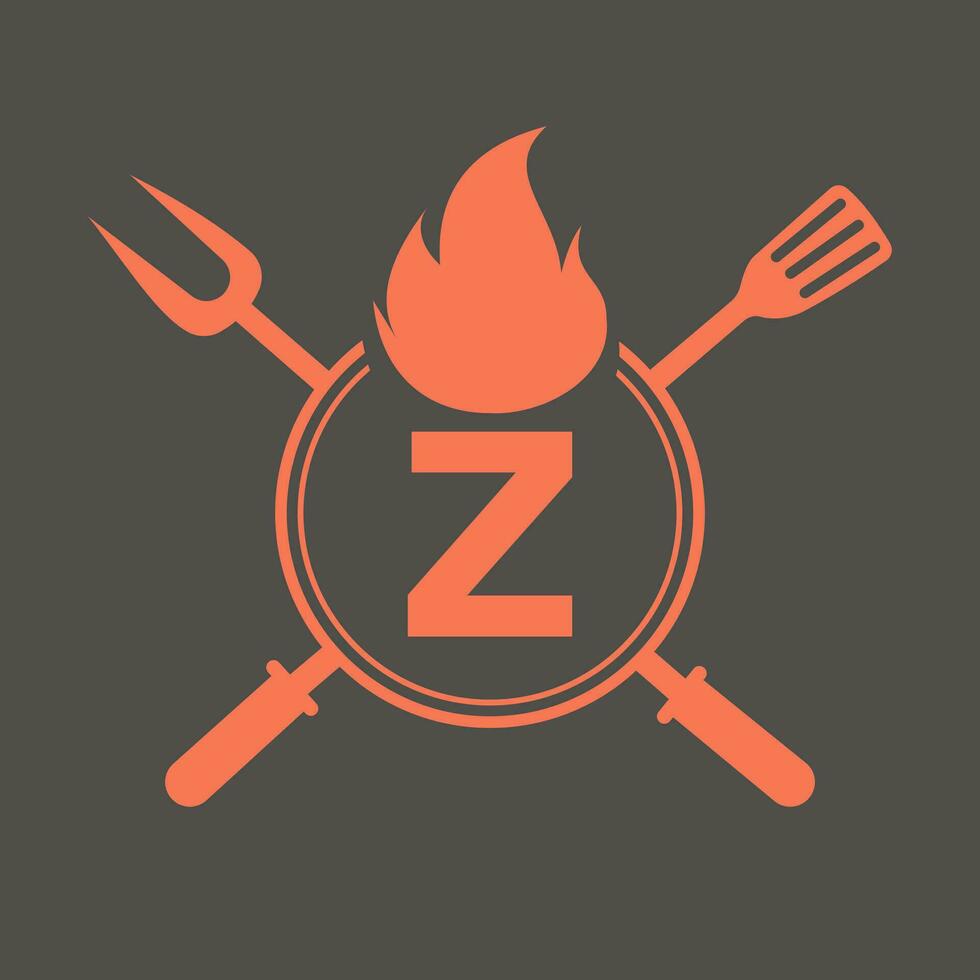 brev z restaurang logotyp med grill gaffel och spatel ikon. varm grill symbol vektor