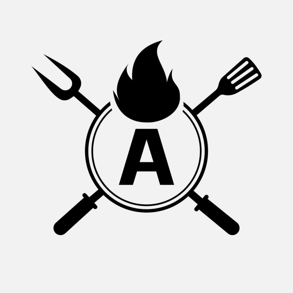 Brief ein Restaurant Logo mit Grill Gabel und Spatel Symbol. heiß Grill Symbol vektor