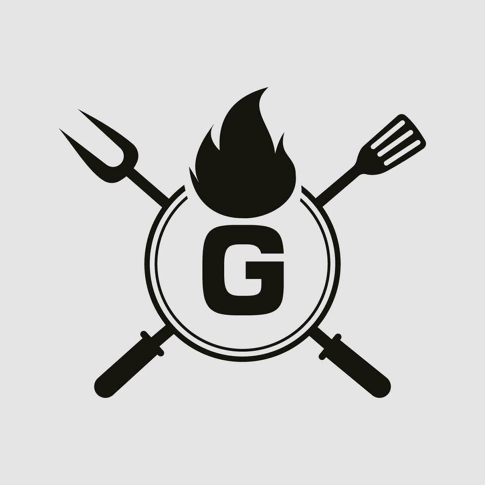 Brief G Restaurant Logo mit Grill Gabel und Spatel Symbol. heiß Grill Symbol vektor