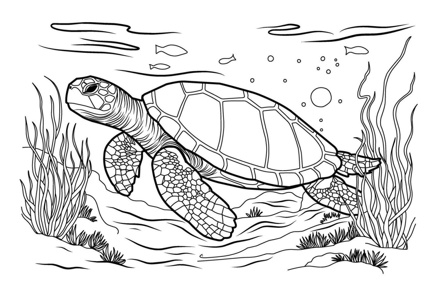 groß Ozean Schildkröte, süß gestreift Fische im das unter Wasser Welt mit Algen, Sand, Luftblasen auf Weiß isoliert Hintergrund. gut zum Kinder und Erwachsene Färbung Buch Seiten. vektor