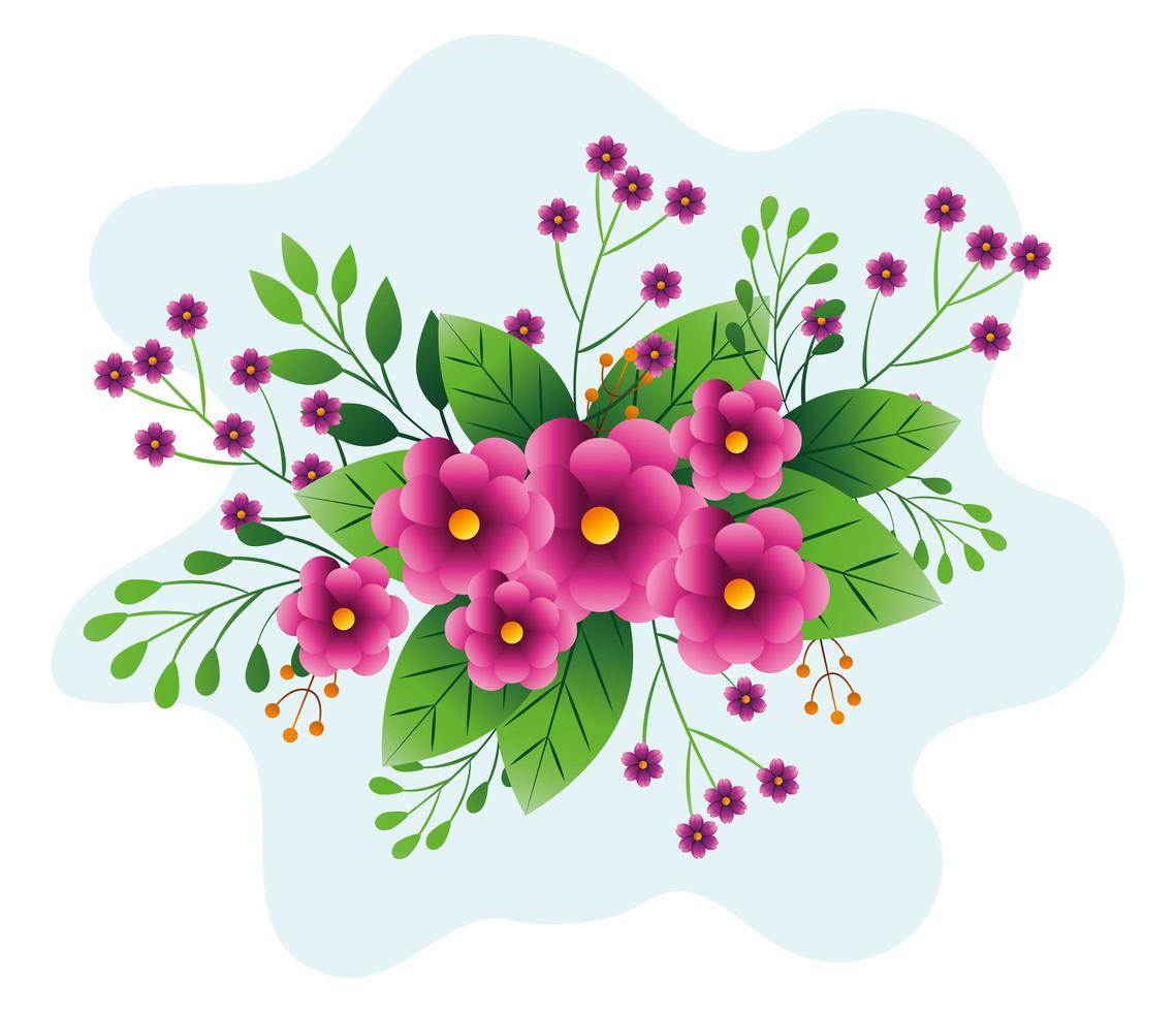 dekoration av blommor lila färg med grenar och blad vektor