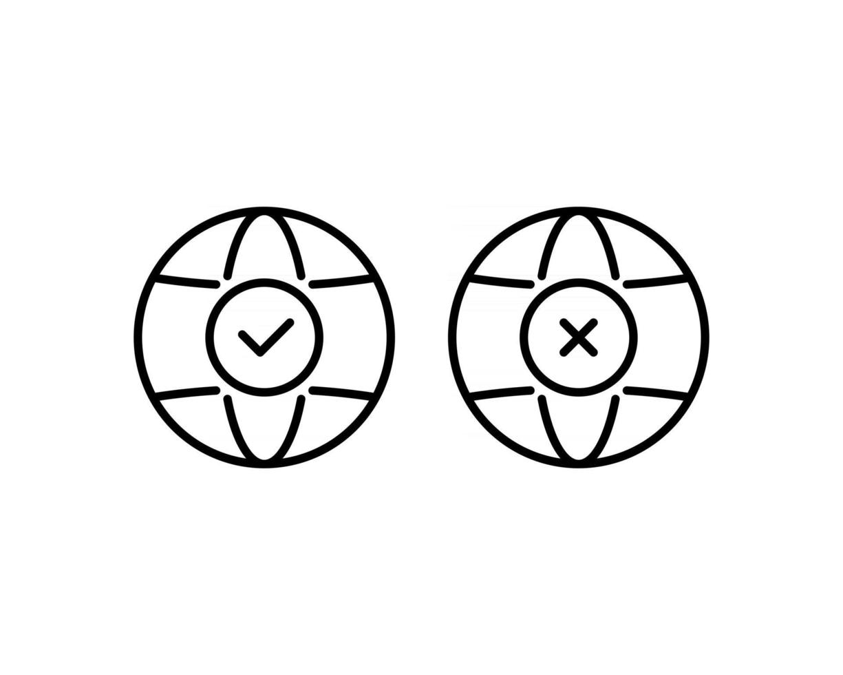Weltsymbol - Vektor. Symbol für den schwarzen Planeten. Globussymbol im flachen Stil, isoliert. Häkchen und Kreuzsymbol mit Planetenerde. ja oder nein Konzept vektor