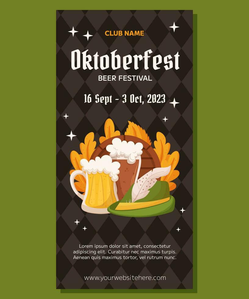 Oktoberfest Deutsche Bier Festival Vertikale Banner Vorlage Design. Design mit Glas von Licht und dunkel Bier, Tiroler Hut und Blätter. Rhombus Muster auf zurück vektor