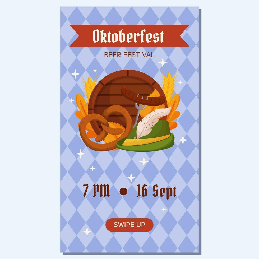 Oktoberfest Deutsche Bier Festival Vertikale Sozial Medien Geschichten Vorlage. Design mit Tiroler Hut, Gabel mit gegrillt Wurst, Brezel, hölzern Fass, Weizen und Blätter. Licht Blau Rhombus Muster vektor