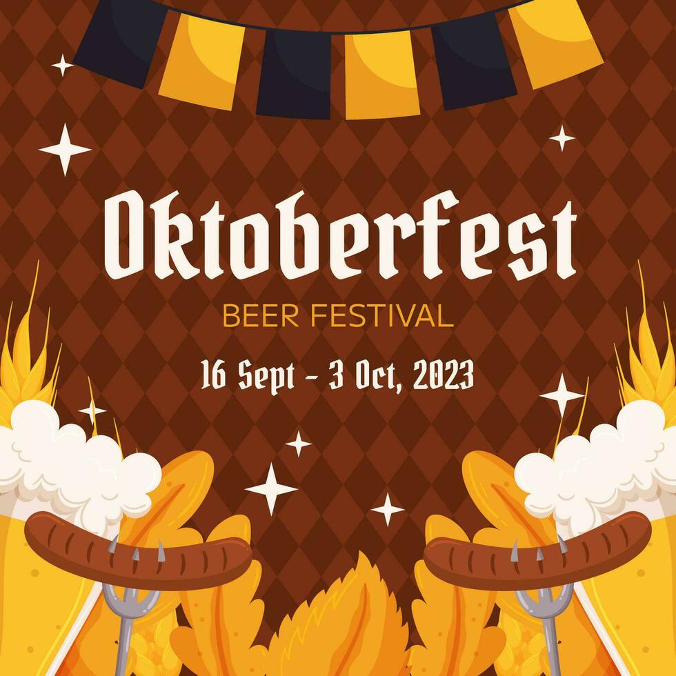 oktoberfest tysk öl festival fyrkant social media posta mall. design med glas av öl, gafflar med grillad korv, vete och löv, svart och gul krans. romb mönster på tillbaka vektor