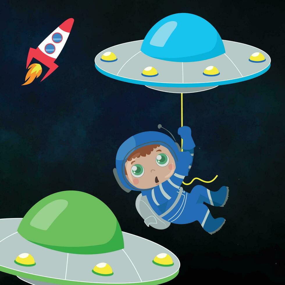 ClipArt av en söt astronaut skaffa sig av från de flygande fat eller UFO med en rep. tecknad serie vektor ikon illustration. vetenskap teknologi ikon begrepp isolerat vektor. platt tecknad serie stil.