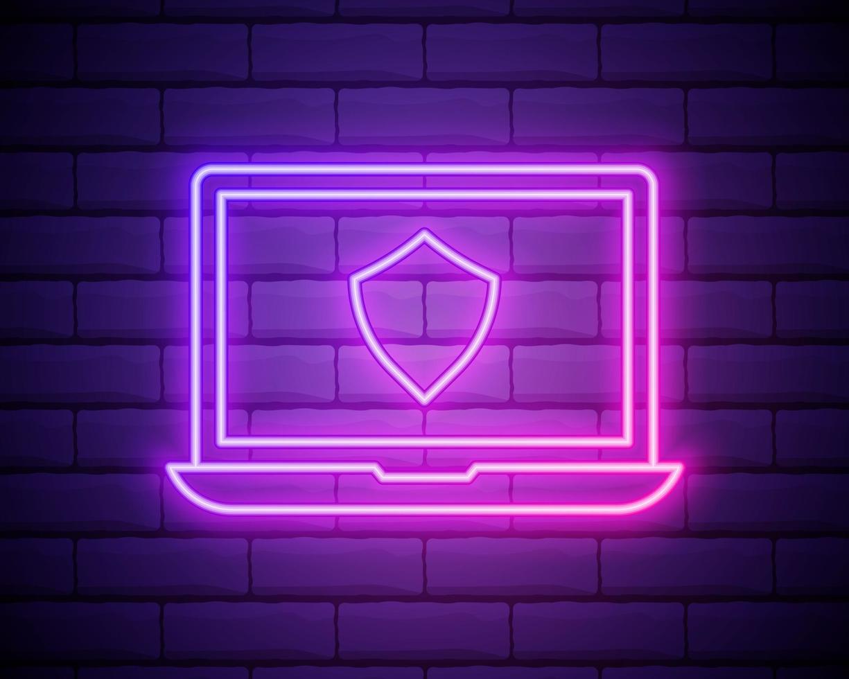 glödande neonlinje lösenordsskydd och säkerhetsåtkomst ikon isolerad på tegelvägg bakgrund. säkerhet, säkerhet, skydd, integritetskoncept. vektor illustration