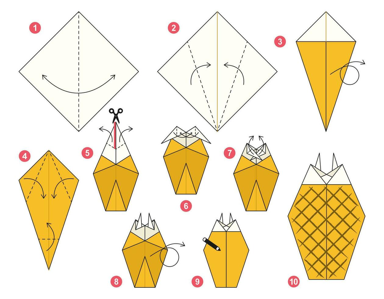 Ananas Origami planen Lernprogramm ziehen um Modell. Origami zum Kinder. Schritt durch Schritt Wie zu machen ein süß Origami Frucht. Vektor Illustration.