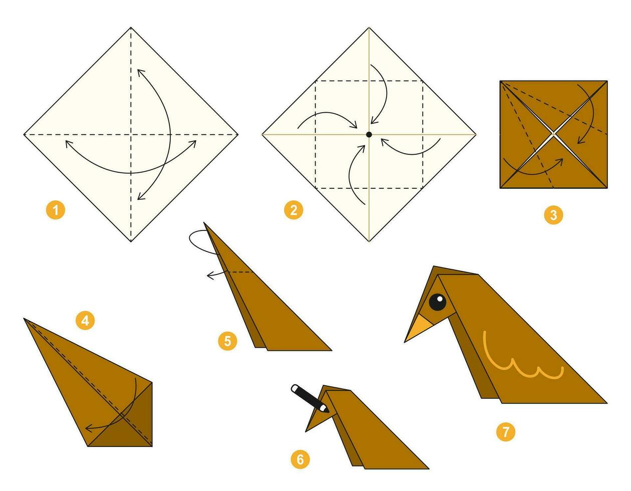 fågel origami schema handledning rör på sig modell. origami för ungar. steg förbi steg på vilket sätt till göra en söt origami fågel. vektor illustration.