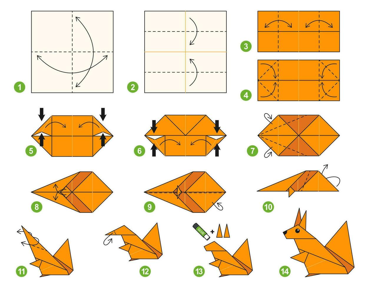 ekorre origami schema handledning rör på sig modell. origami för ungar. steg förbi steg på vilket sätt till göra en söt origami vild djur. vektor illustration.