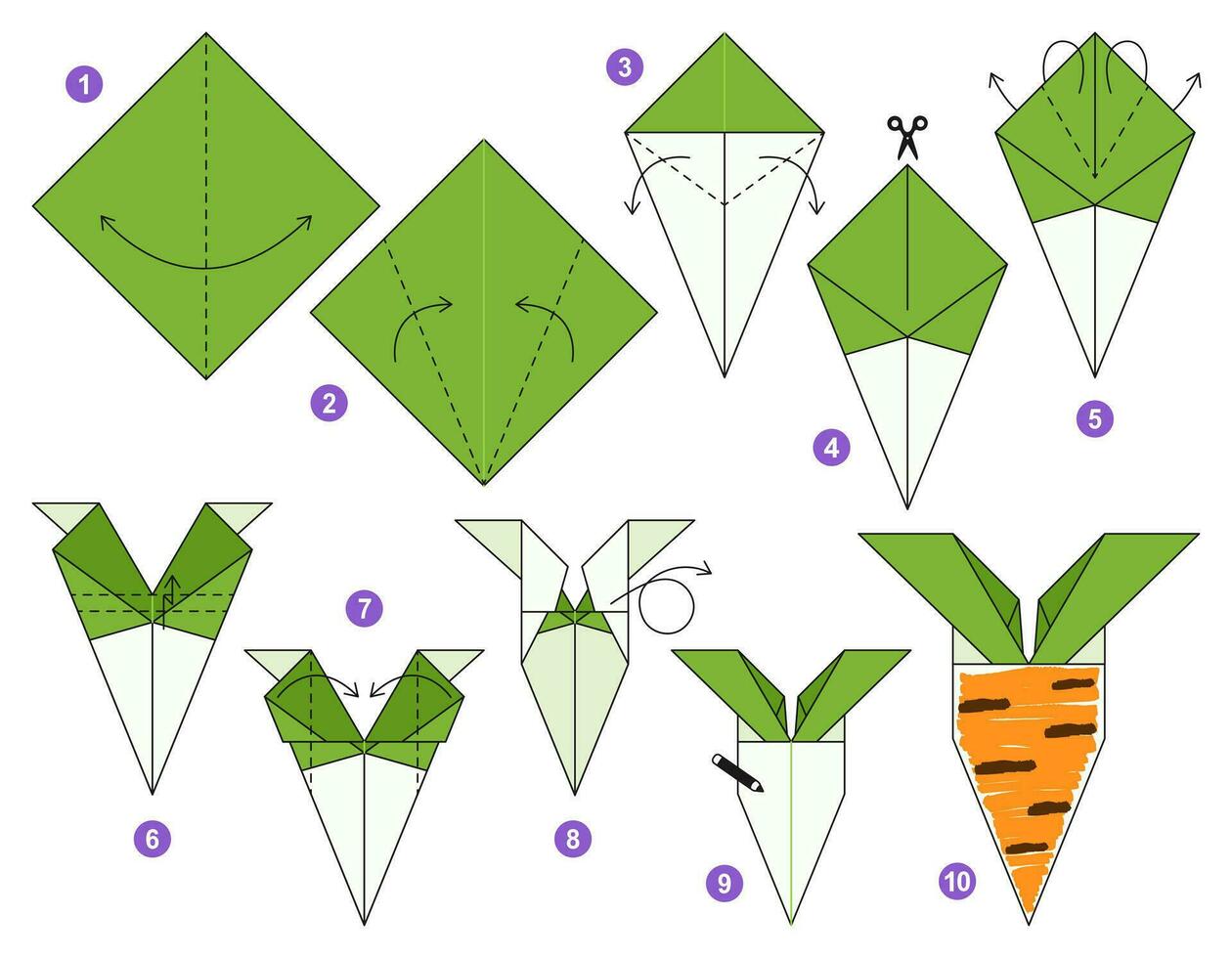 Karotte Origami planen Lernprogramm ziehen um Modell. Origami zum Kinder. Schritt durch Schritt Wie zu machen ein süß Origami Gemüse. Vektor Illustration.