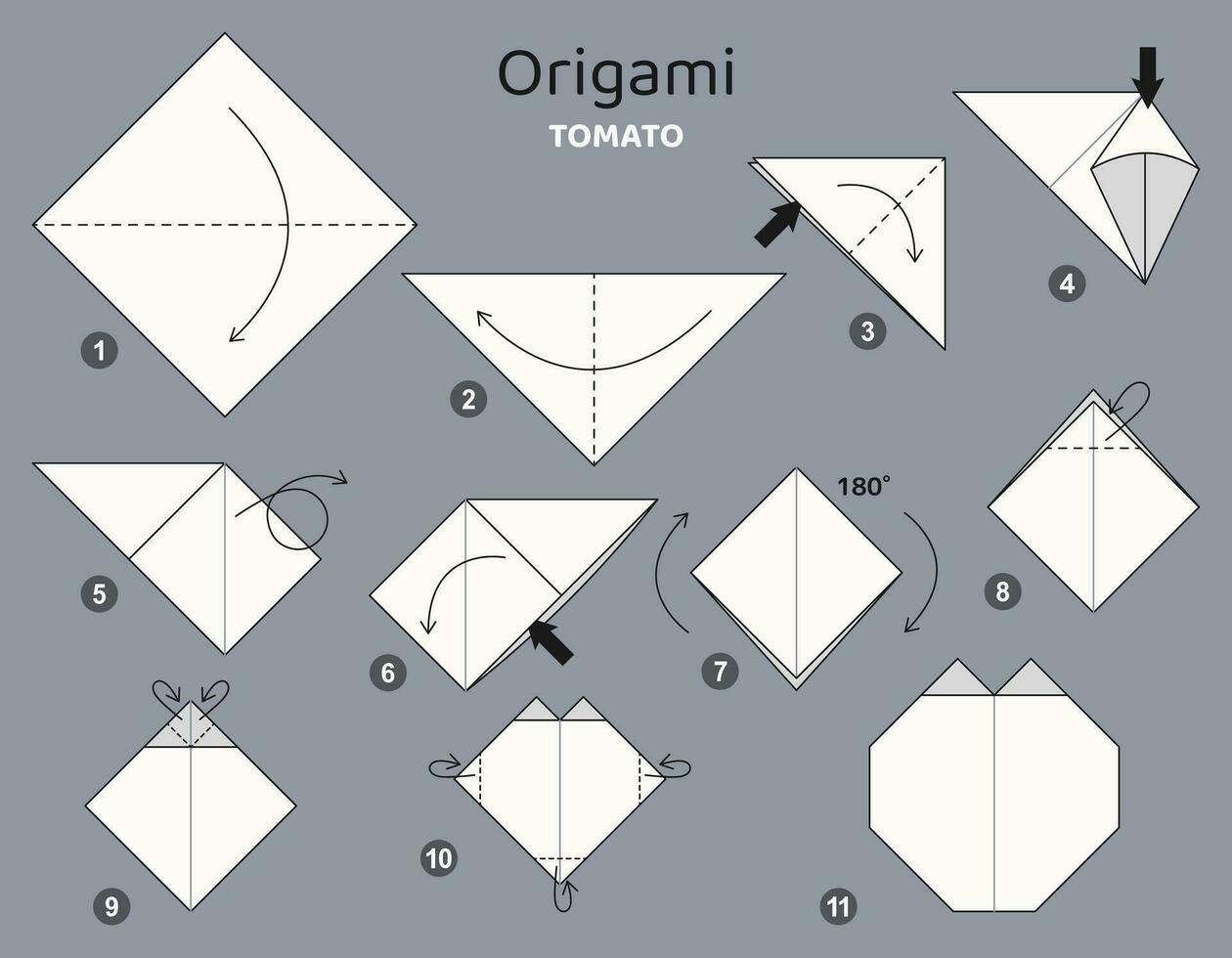 Tomate Origami planen Lernprogramm ziehen um Modell. Origami zum Kinder. Schritt durch Schritt Wie zu machen ein süß Origami Gemüse. Vektor Illustration.