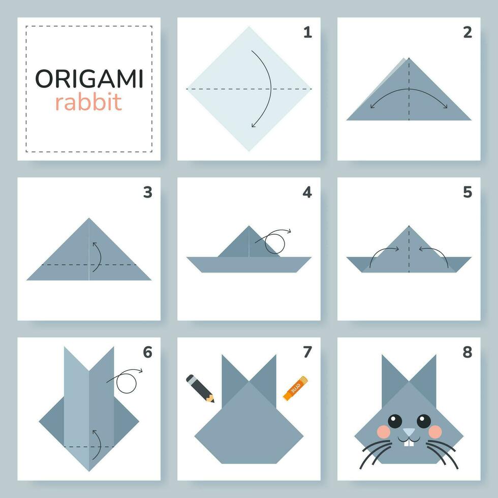 kanin origami schema handledning rör på sig modell. origami för ungar. steg förbi steg på vilket sätt till göra en söt origami kanin. vektor illustration.