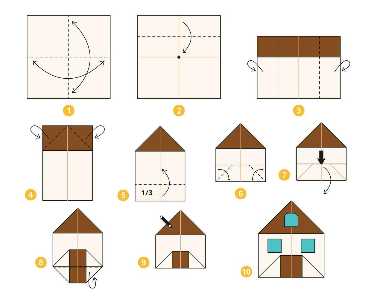 Haus Origami planen Lernprogramm ziehen um Modell. Origami zum Kinder. Schritt durch Schritt Wie zu machen ein süß Origami Gebäude. Vektor Illustration.