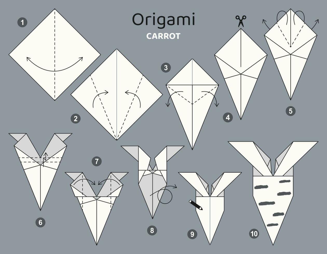 morot origami schema handledning rör på sig modell. origami för ungar. steg förbi steg på vilket sätt till göra en söt origami grönsak. vektor illustration.