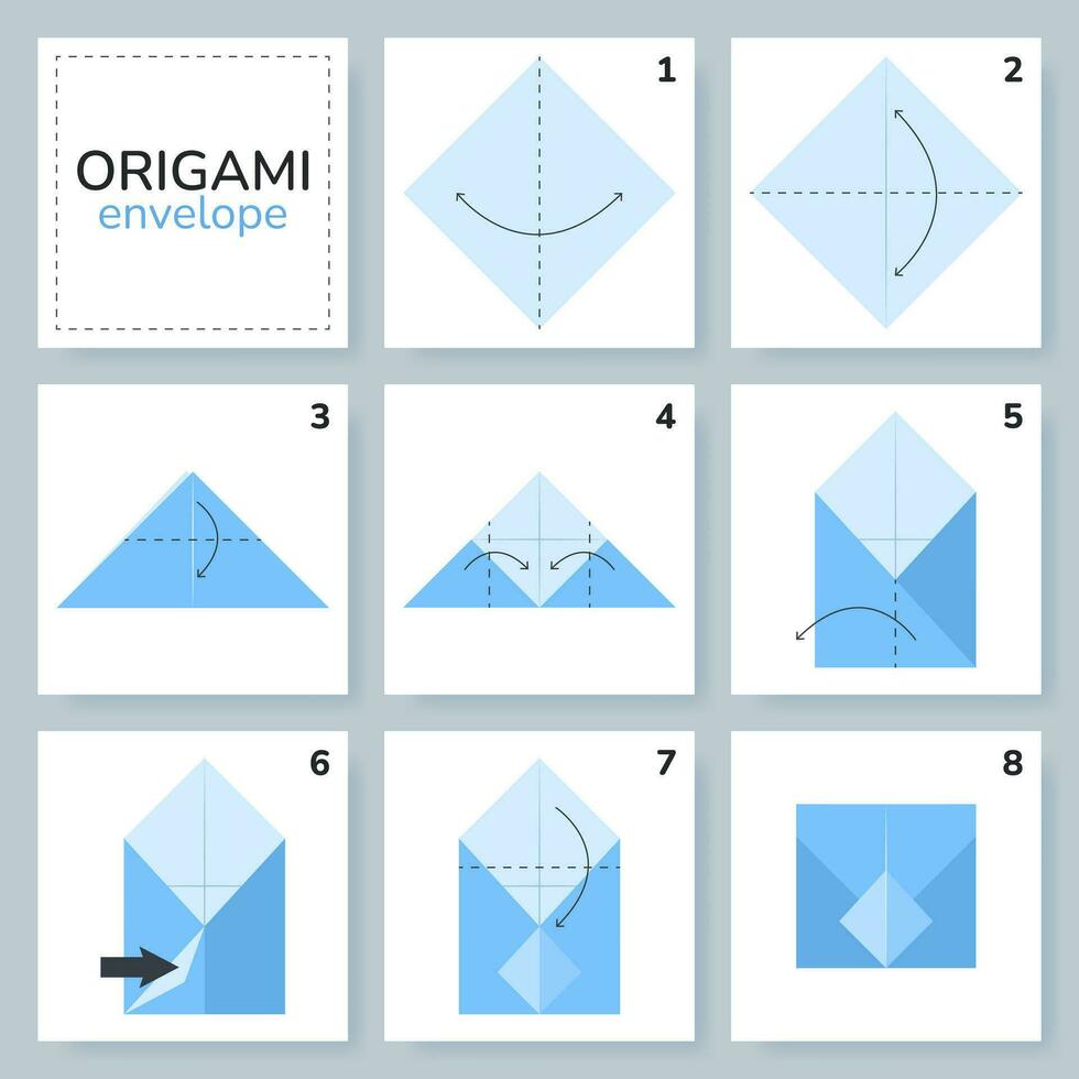 kuvert origami schema handledning rör på sig modell. origami för ungar. steg förbi steg på vilket sätt till göra en söt origami kuvert. vektor illustration.